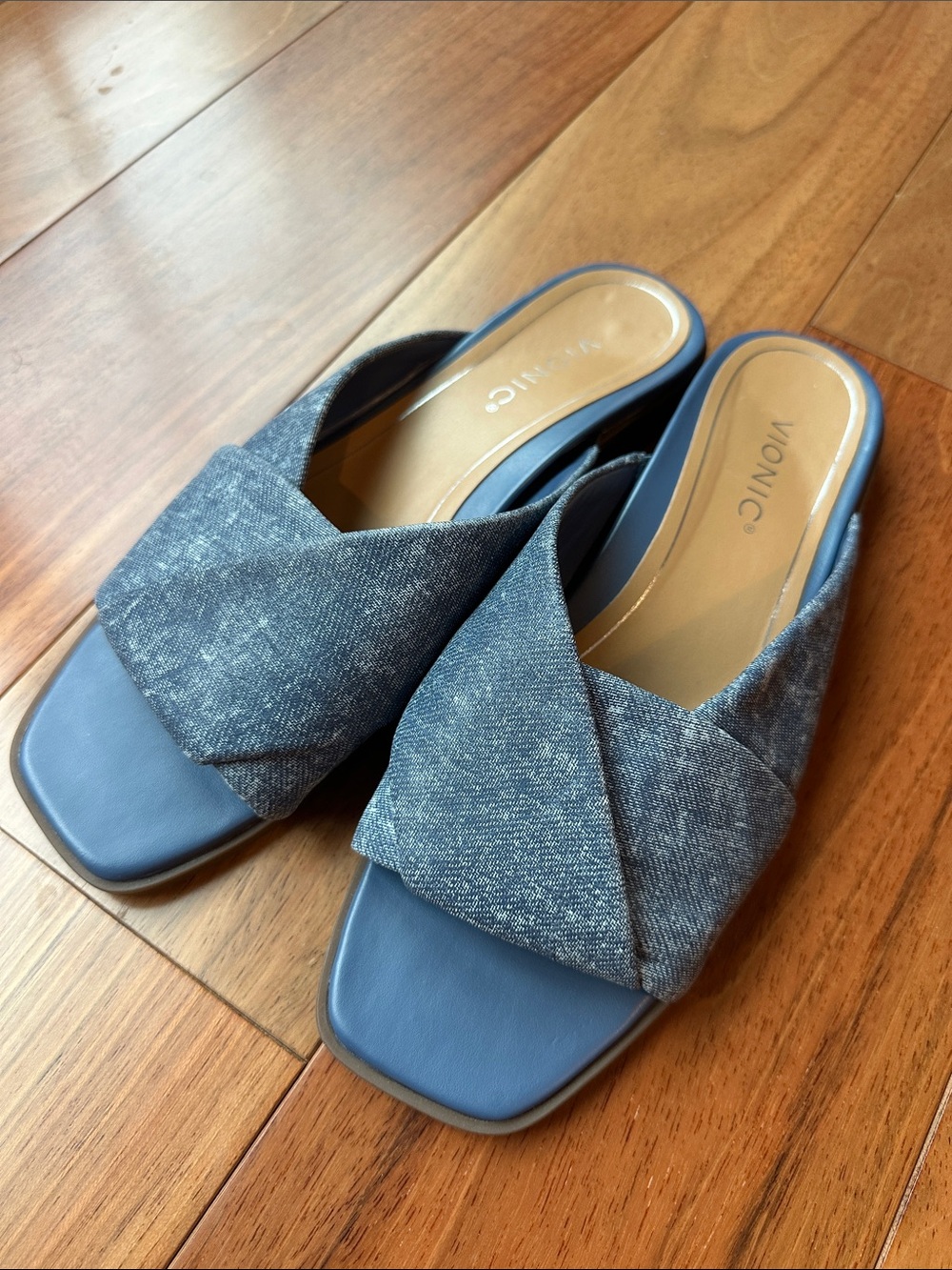 Vionic Blue Denim-Style Crisscross Slide Mules